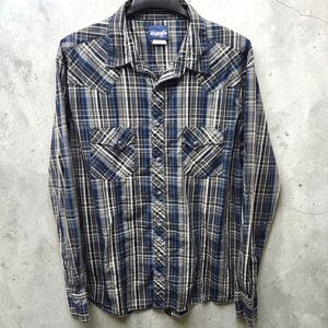 Wrangler Western Shirt Pearl Snaps Mens XXL Blue Black Tartan Plaid Cowboy Core